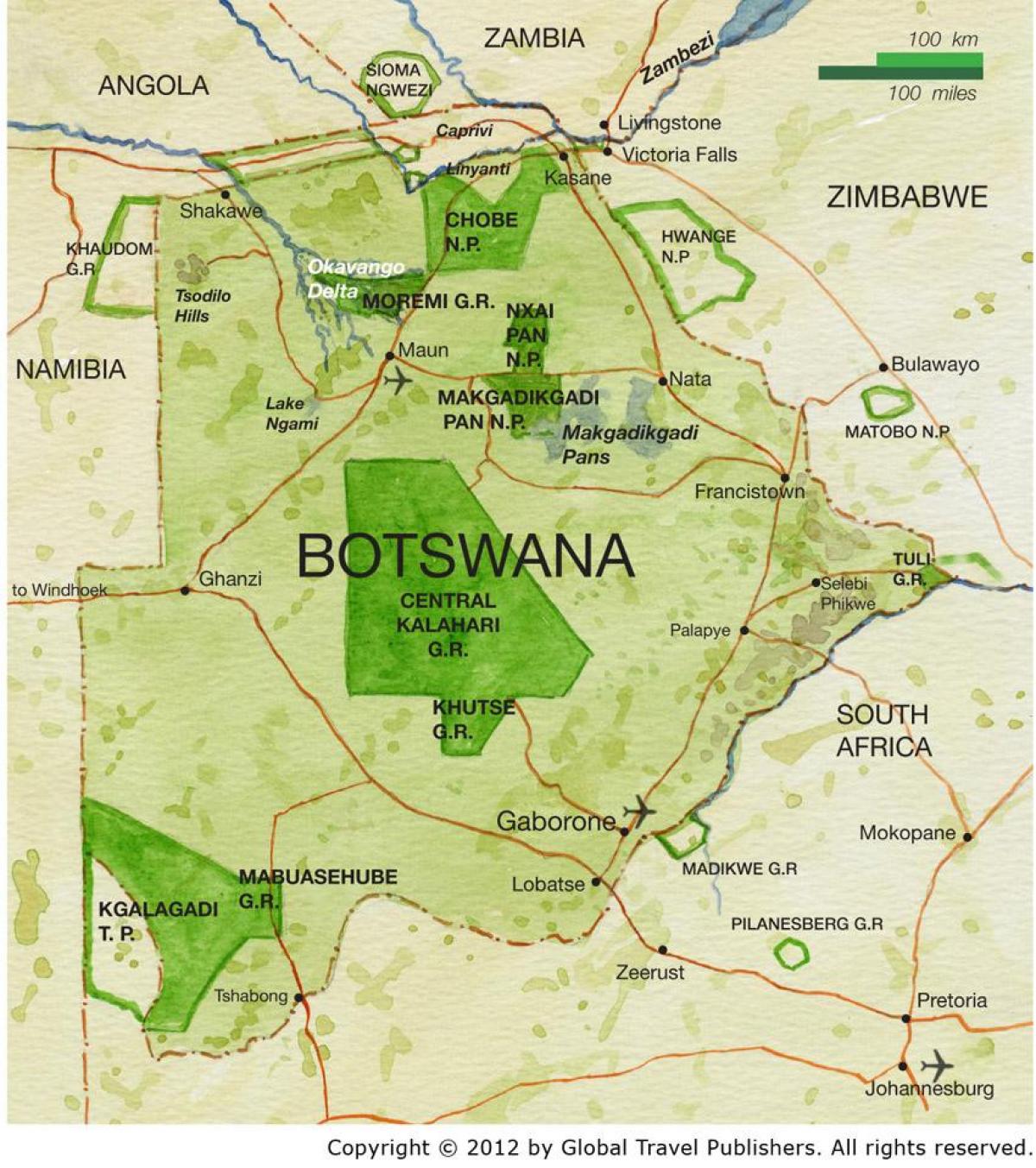 mapa do Botswana jogo de reservas