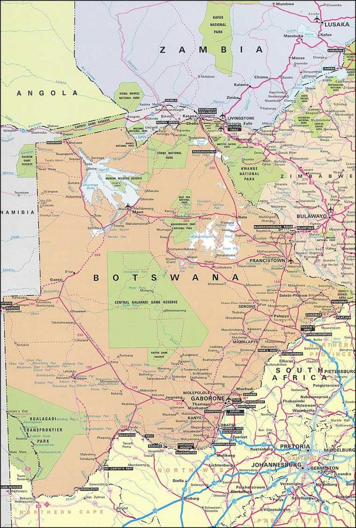 mapa do Botswana mapa com distâncias