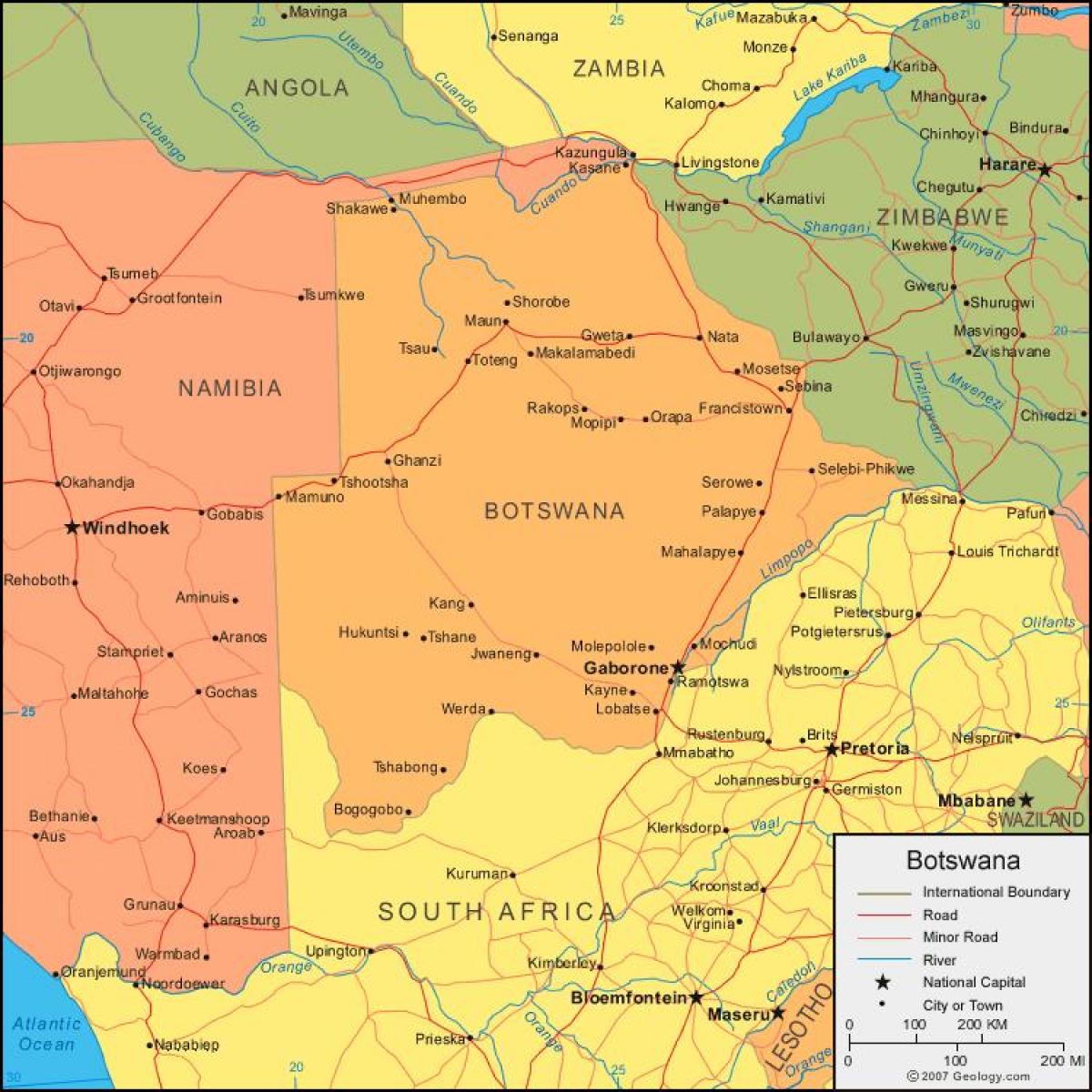 mapa do Botsuana, mostrando todas as aldeias