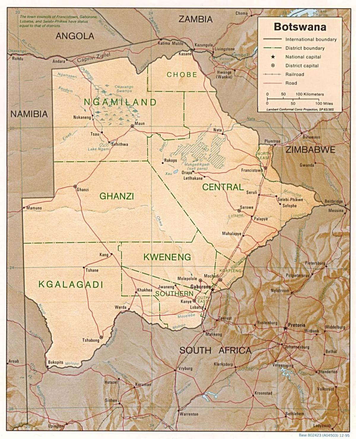 mapa do Botsuana, mostrando cidades e aldeias